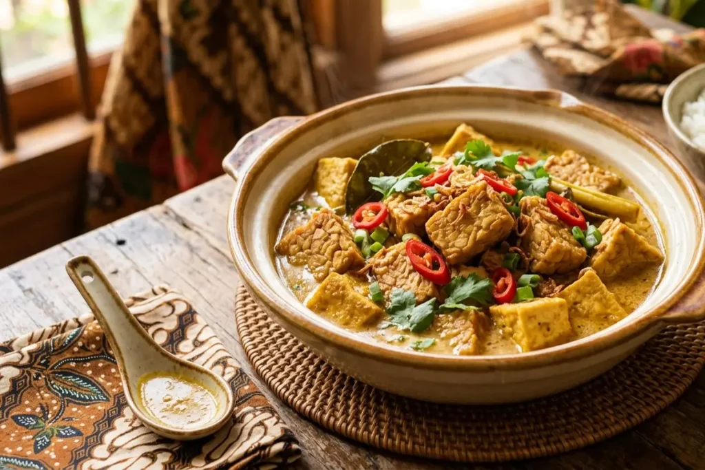 Terik tempe santan khas Jawa dengan kuah gurih berbumbu rempah, disajikan hangat bersama nasi putih.