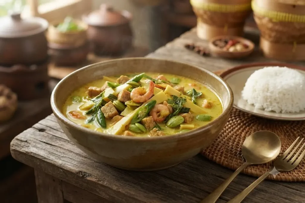 Lodeh rebung kuah santan dengan tempe, udang, petai, daun melinjo, dan cabai hijau disajikan hangat di atas meja makan.