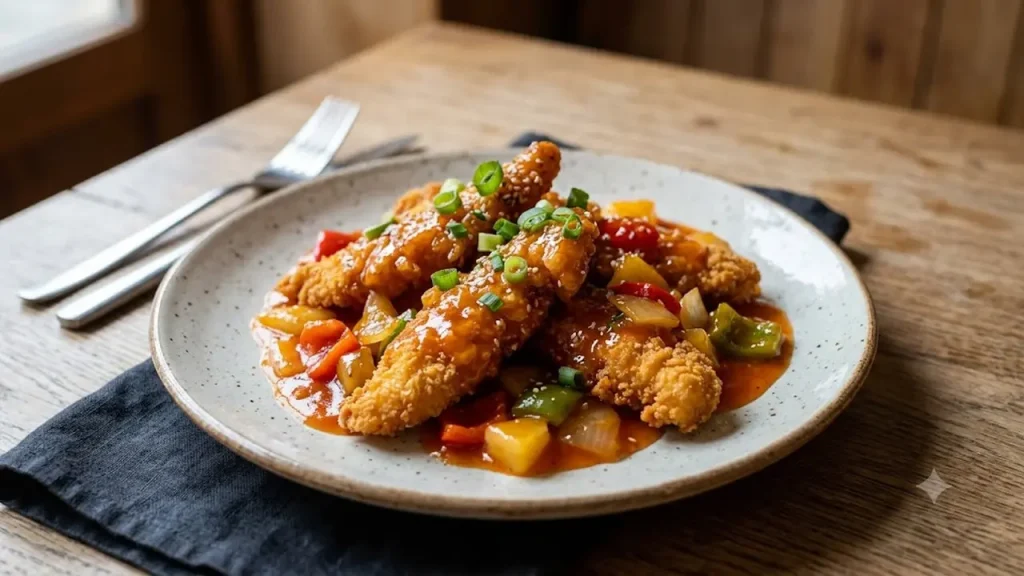 Ayam asam manis rumahan dengan saus kental dan potongan ayam renyah.