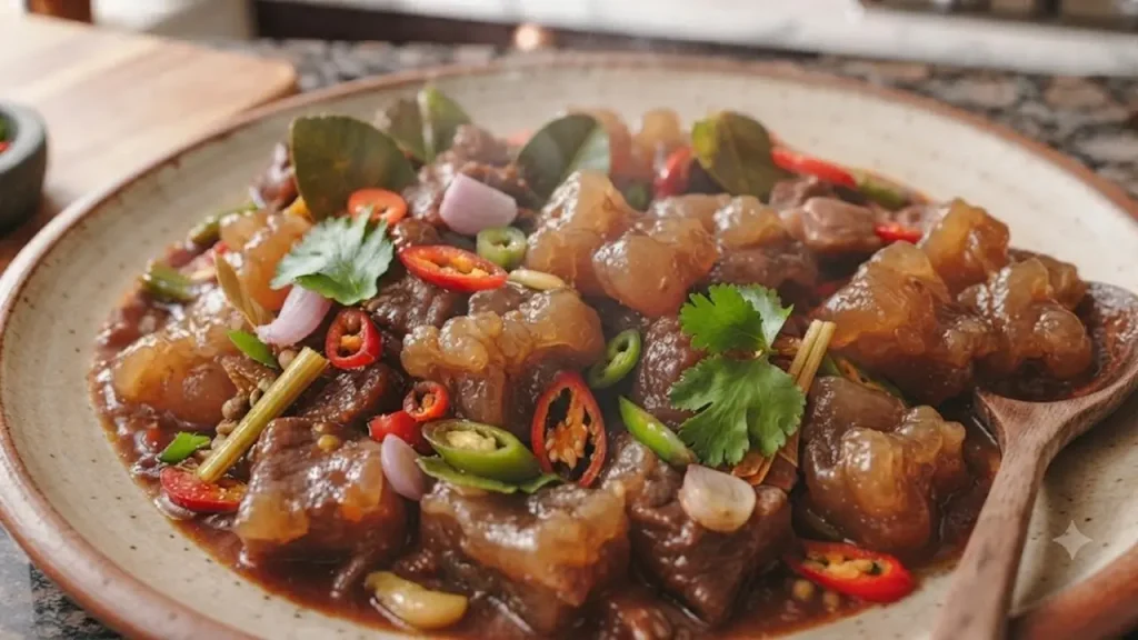 Oseng kikil pedas manis dengan bumbu meresap, tekstur empuk, dan disajikan bersama nasi hangat.